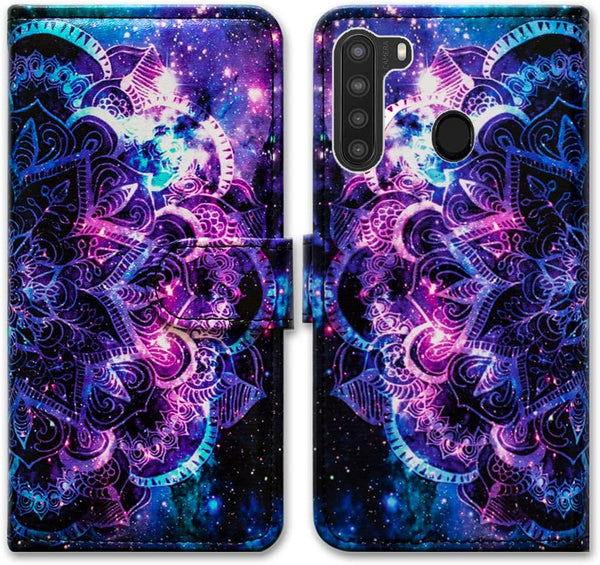 Case for Galaxy A21 - Purple Mandala Galaxy Sky Leather Flip Wallet Cover with Card Slot Holder