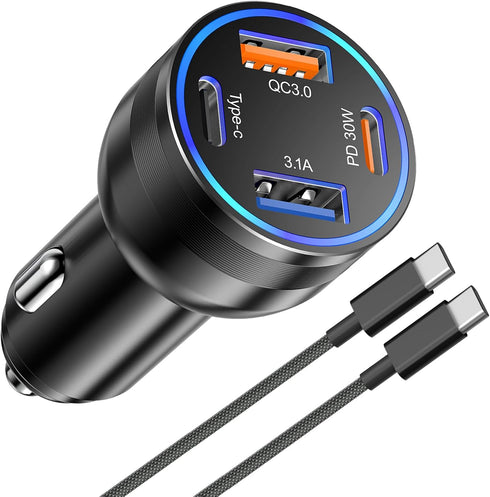 65W 4-Port USB C Car Charger Fast Charging, iPhone 15/15 Pro Max Adapter with 6FT USB C to C Cable