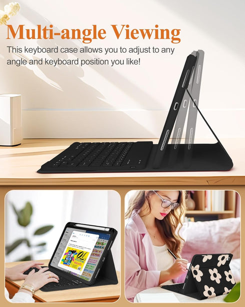 iPad 10th Generation Case with Keyboard, Pencil Holder, 10.9 Inch Folio Cover, Cute Girly Design (Black Flower)