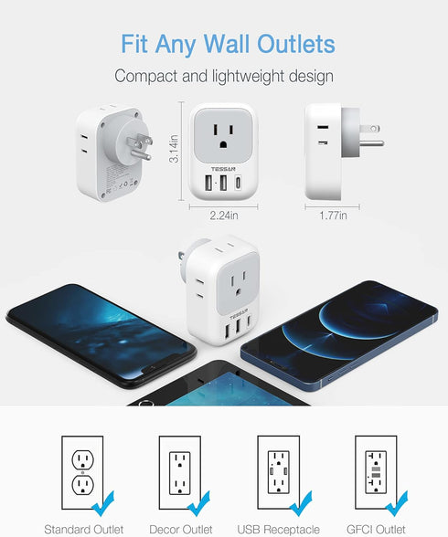USB Wall Charger, TESSAN Wall Plug Adapter Outlet Extender, Multi Charging Station for Cruise, Office, Dorm