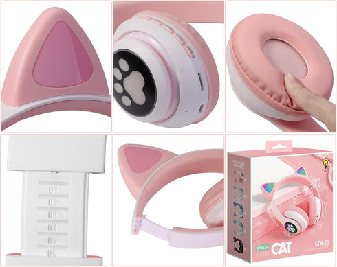 Kids Wireless Headphones, Cat Ear LED Light Up Bluetooth Foldable Headphones with Microphone for Online Learning