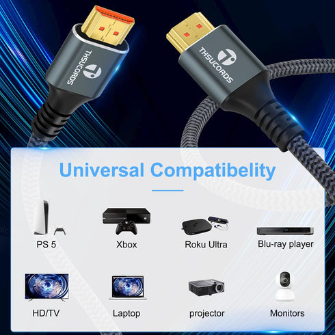 8K 4K 10FT 2 Pack, 2.1 8K@60Hz, 4K@120Hz 144Hz 48Gbps TV/PS5/HDTV/Blu-ray Thsucords HDMI Cable High Speed Braided HDMI