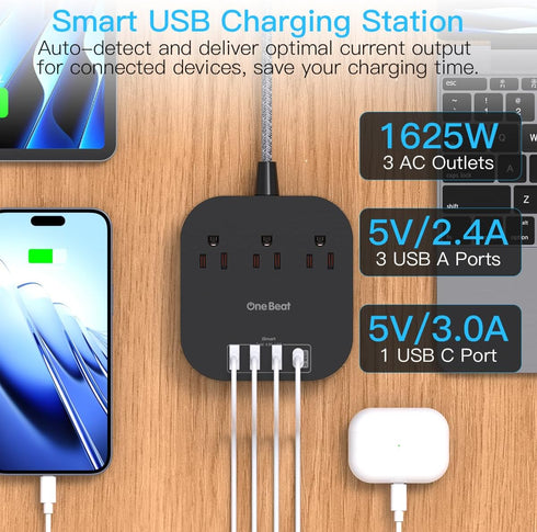 Power Strip with USB C, 3 Outlets, 4 USB Ports (22.5W/4.5A), 5ft Braided Extension Cord, Black Non Surge Protector