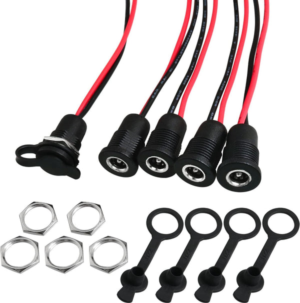 5Pcs 10A DC-099 Power Jack Cord Socket Threaded Female Mount Connector Adapter with Pre-soldered Wires and Waterproof