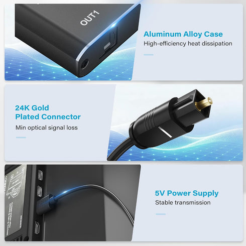 Adoreen 4 1 4 LPCM 2.0, PCM, Dolby, 5.1 Way Digital Optical Audio Splitter In Out Active Toslink SPDIF Fiber Optic