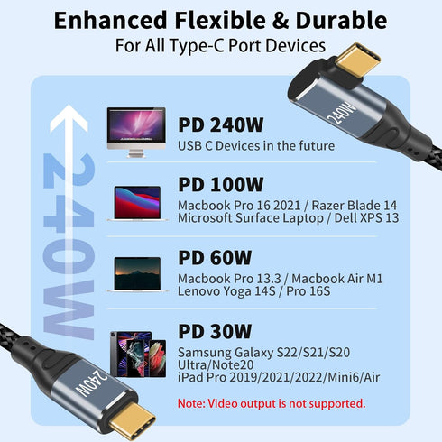 Duttek Right Angle USBC Charging Cord 6.6FT, 240W USB C Fast Charger Cable for Laptops, Samsung, MacBook