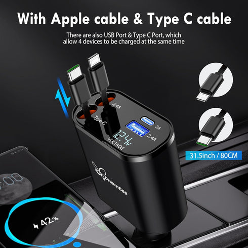 Retractable Car Charger, 66W 4 in 1 Super Fast Charge Adapter, 31.5 inch Cables, 2 USB Ports for iPhone 15/14/13