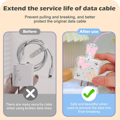 Cute Wave Cable Protector Compatible for iPhone Charger Adapter with Bling Pink Butterfly Laser Design, Data Line USB