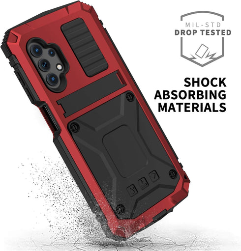 Aluminum Metal Waterproof Case for Samsung Galaxy A32 5G, Shockproof Heavy Duty Protector with Built-in Kickstand, Red