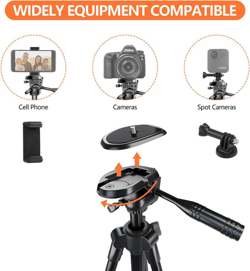 Camera Mount Phone Tripod Stand: 51-Inch 130cm Lightweight Travel Tripod for iPhone with Remote & Phone Holder & GoPro Adapter Compatible with iPhone & Android Cell Phone | Matte Black