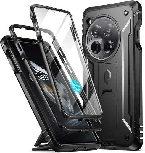 Poetic Revolution Case for OnePlus 12 5G (2024) - Rugged, Shockproof, Built-in Screen Protector, Kickstand, Black.