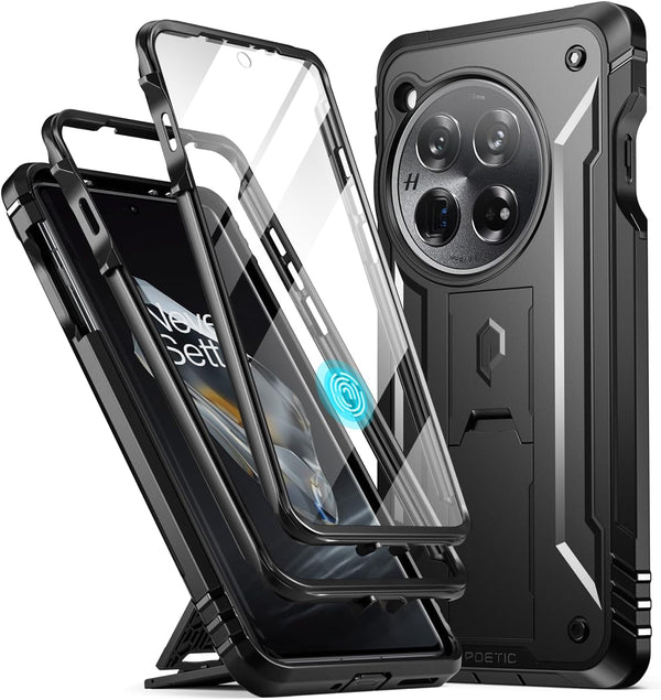 Poetic Revolution Case for OnePlus 12 5G (2024) - Rugged, Shockproof, Built-in Screen Protector, Kickstand, Black.