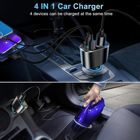 USB C Car Charger, 90W Cigarette Lighter Adapter, Fast Charging PD QC 3.0, Charger Socket Splitter with 3 USB Ports LED