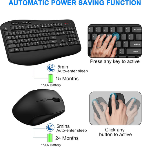 EDJO 2.4G 3 Wireless Keyboard and Mouse Combo, Full Size Ergonomic Keyboard with Palm Rest, Comfortable Natural Typing