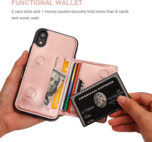 KIHUWEY Compatible with iPhone XR Wallet Case, Premium Leather Kickstand Protective Cover (Rose Gold)