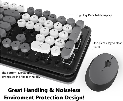 Wireless Keyboard Mouse Combo, 104 Keys Cute Wireless Keyboard with Number Pad for Windows, Grey