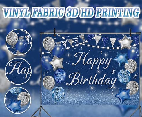 Navy Blue Happy Birthday Backdrop with Silver Glitter Balloons, Star Flag Sequins for Adult Birthday Party Decoration