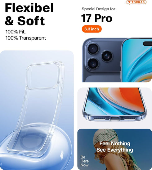 TORRAS 17 2025 17 for iPhone Pro Case Crystal Clear, Ultra-Thin, Upgraded Non-Yellowing, Military-Grade Protection