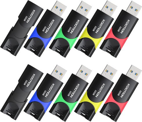 KOOTION USB 3.0 Flash Drive 10 Pack 32GB Thumb Drive Retractable Ultra High Speed USB Stick for Data Storage