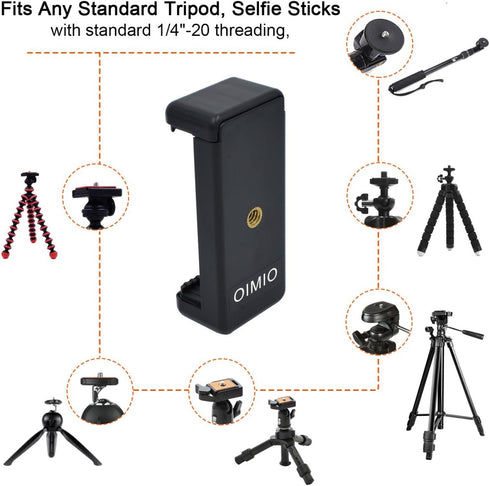 Universal Cell Phone Tripod Mount Adapter, OIMIO Phone Holder Clip for Monopod, Selfie Stick & More (2 Pack)