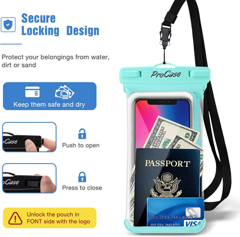 ProCase Waterproof Phone Pouch for Snorkeling, Underwater Dry Bag for iPhone 15, Galaxy S24, Beach Essentials - 2Pack