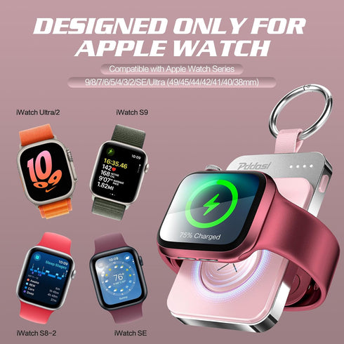 Portable Wireless Charger for Apple Watch Series 9/8/UItra/7/6/5/4/3/2/SE, 1500mAh Magnetic Keychain Charger, Pink