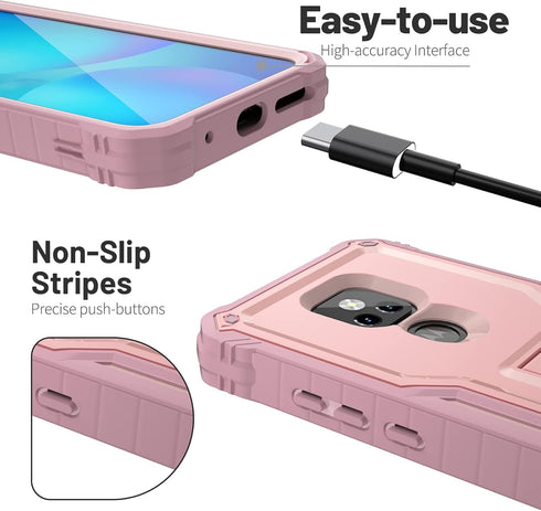 Moto G Play 2021 Case by ExoGuard, Rubber Shockproof Full-Body Cover with Built-in Screen Protector & Kickstand (Pink)