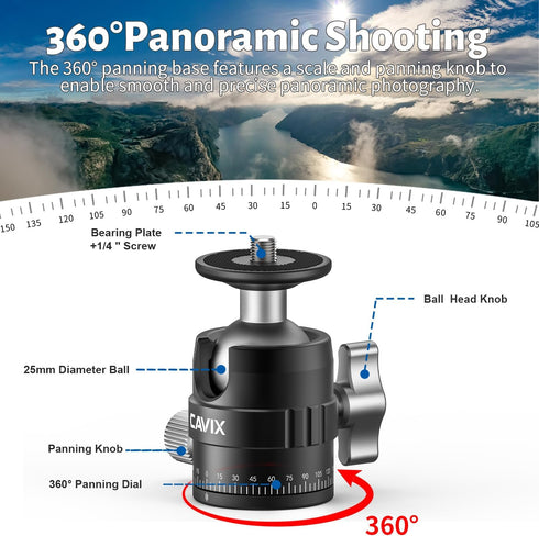 CAVIX 25mm 360 1/4" 11lb/5kg Small Ball Head Panoramic Tripod Head, Mini Ball Head with Quick Release Plate