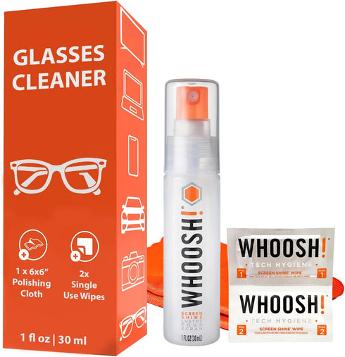 WHOOSH! Glasses Cleaner Spray Kit - 1 fl oz, 1 Cloth, 2 Wipes, Travel Size Eyeglass Cleaner