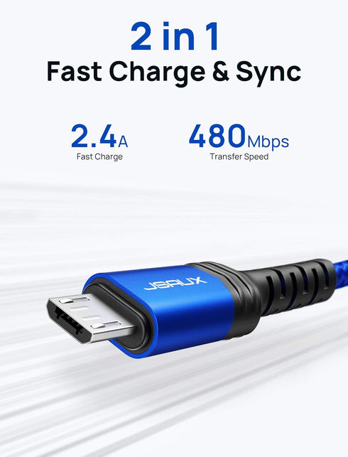 JSAUX Micro USB Cable (2-Pack 3.3FT+6.6FT) Nylon Braided Charger for Galaxy S7, S6, J7, Note 5, Kindle, MP3 - Blue