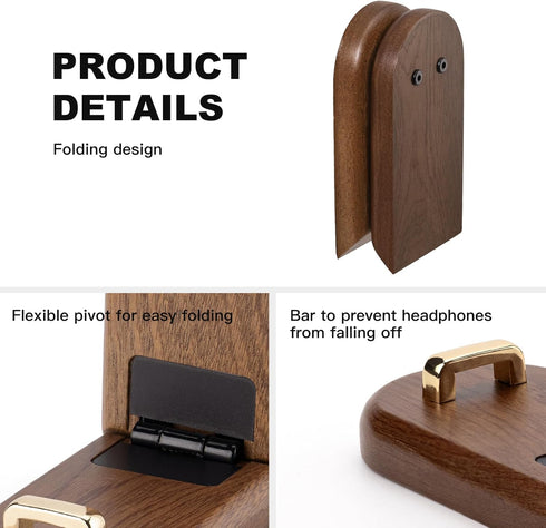 Wood Headphone Stand Wall Mount Holder, Sticky Headset Hook, Under Desk Headphone Hanger for Audio, Studio & Gaming
