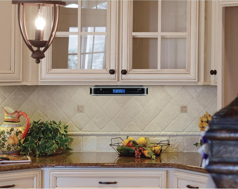 iLive Under Cabinet Music System with Stereo Speakers, FM Radio, USB Port, Bluetooth, Clock and Timer for Kitchen Style
