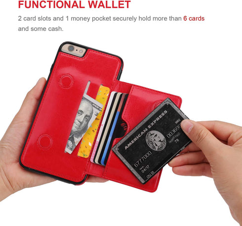 KIHUWEY iPhone 6 Plus/6S Plus Wallet Case with Credit Card Holder, Premium Leather Kickstand Protective Cover (Red)