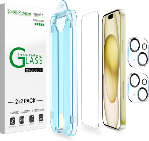 amFilm OneTouch 2+2 Pack Screen Protector for iPhone 15, 6.1" Tempered Glass with Camera Lens Protector Accessories