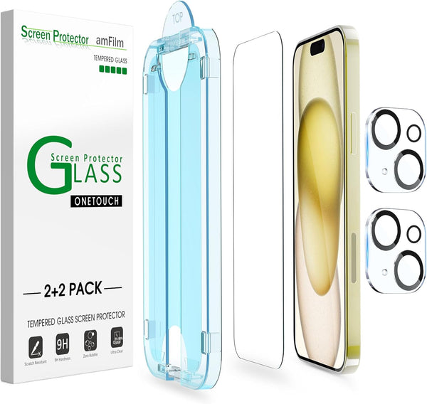 amFilm OneTouch 2+2 Pack Screen Protector for iPhone 15, 6.1" Tempered Glass with Camera Lens Protector Accessories