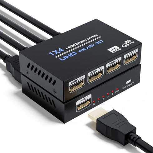 BolAAzuL HDMI Splitter 1 in 4 Out, 4K 30Hz Duplicator Adapter for 4 Displays, Supports Full HD 1080P, PS3, PS4,