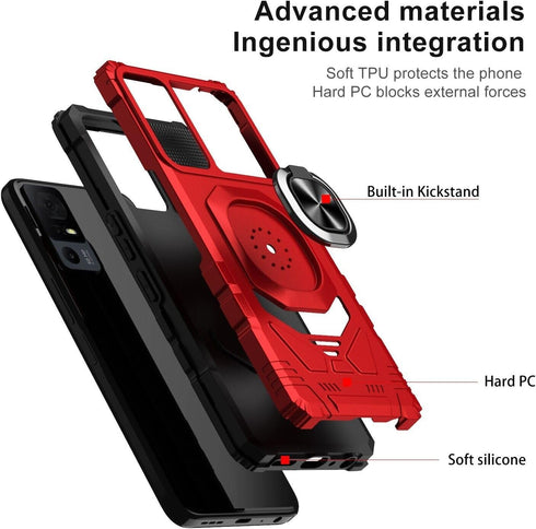 for TCL 40 XE 5G, TCL 40 X 5G (T609DL) - Shockproof Protective Phone Case w/Ring Stand - RS7 Red