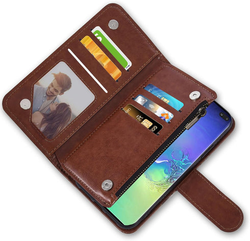 Asuwish Wallet Case for Samsung Galaxy S10 Plus - Brown Leather Flip with Tempered Glass & Card Holder Stand.