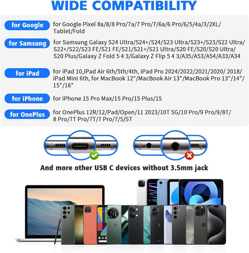 USB C Headphones for Samsung S24 Ultra S23 Fe S22+, Type C Earphones with Microphone, HiFi Stereo Volume Control, Wired