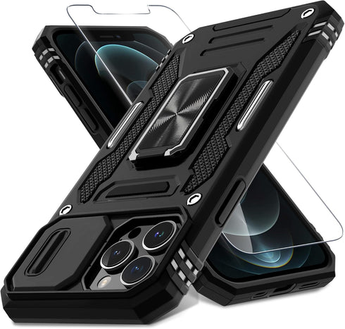 DEERLAMN iPhone 12 Pro Max Case, 6.7" Military Grade Shockproof, Slide Camera Cover, Screen Protector, Kickstand - Black