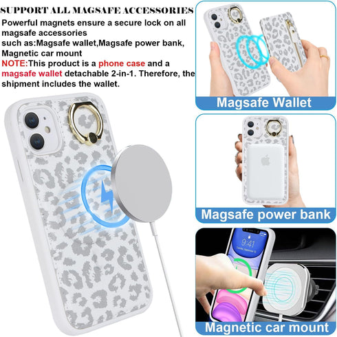 iPhone 12 pro case with Card Holder, iPhone 12 Phone Case Wallet for Women magsafe Compatible Wallet Detachable 2-in-1 for Men-White Leopard