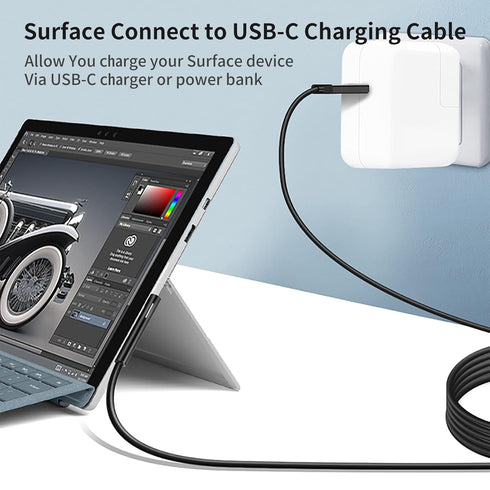 10ft Surface Connect to USB-C Charging Cable Compatible for Microsoft Surface Pro7 Go2 Pro6 5/4/3 Surface Laptop1/2/3 & Surface Book, Black Male, Works with 45W 15V3A USBC Charger (Black TVP)