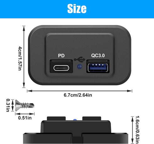 12V USB Outlet for RV Marine Motorcycle Truck Golf Cart, Quick Charge 3.0 USB-A & USBC Port