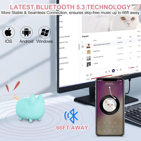 Cute Small Bluetooth Speaker, Cat Mini Wireless Speakers with Loud Stereo Sound, 40H Playtime, Green