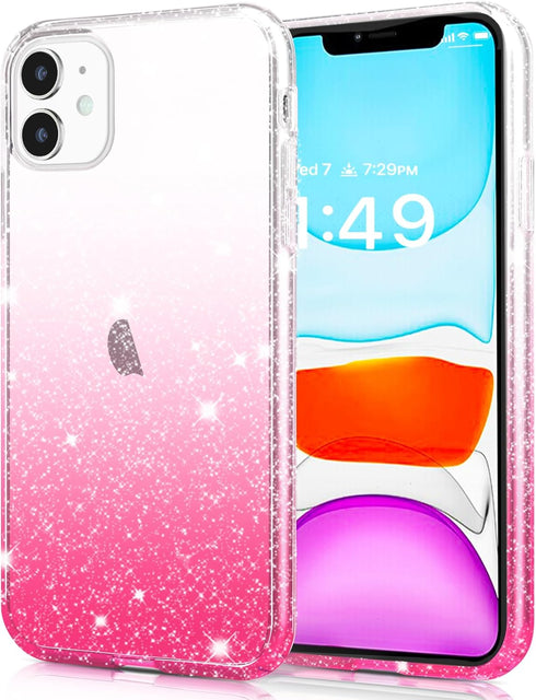 JJGoo iPhone 11 Case, Pink Gradient Clear Glitter Sparkle Shock Absorption Protective Slim Thin Cover