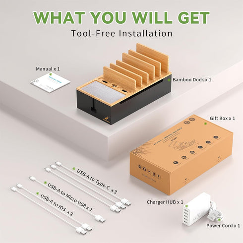 Pezin & Hulin 6 Cord Organizer Box, Surge Protector Organizer, Device Charger Station for Phones & Tablets, Wood