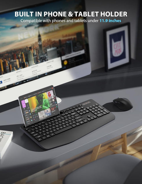 Wireless Keyboard and Mouse Combo - Trueque Ergonomic Full-Sized Keyboard with Wrist Rest, Phone Holder, Silent 2.4GHz