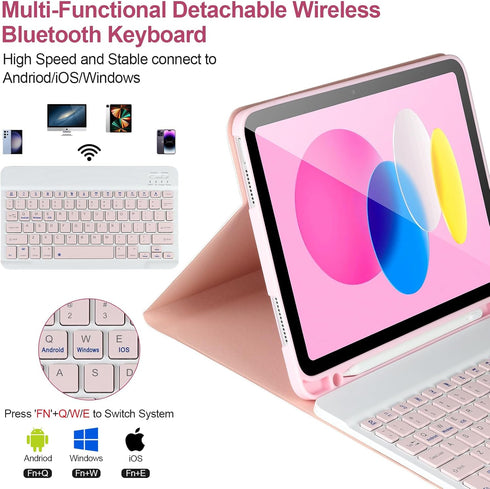 iPad 10th Generation Case with Keyboard, Detachable Bluetooth Keyboard Case with Pencil Holder, Pink