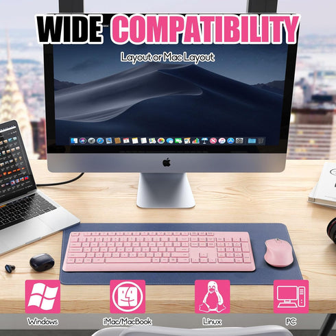 Wireless Silent Keyboard Mouse Combo, Ultra-Slim USB Set with Water-Dropping Keycaps, 12 Shortcuts, 2.4GHz Connection