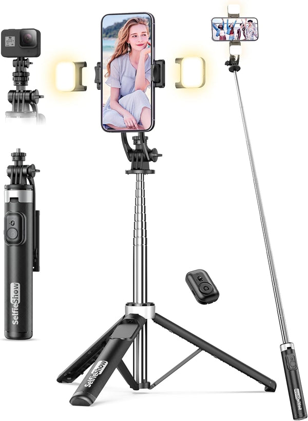 SelfieShow 53'' Selfie Stick Tripod with Light, Extendable Selfie Stick with Remote, Portable